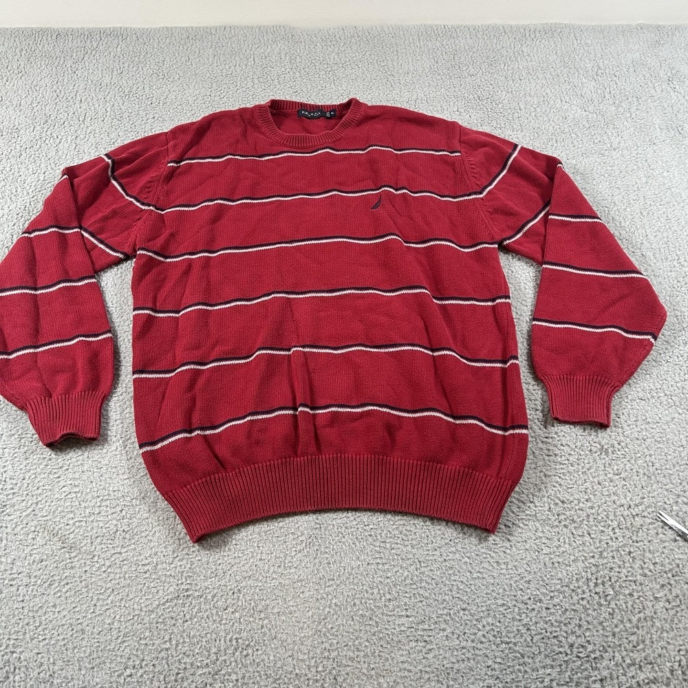 Nautica Sweater Mens XL Red Striped Crewneck‎ Pullover Embroidered Logo